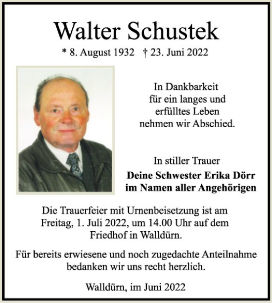 Traueranzeige von Walter Schustek von Fränkische Nachrichten