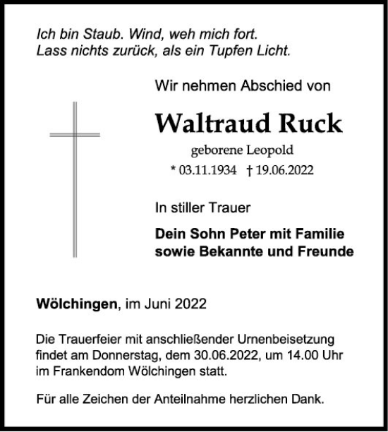 Traueranzeige von Waltraud Ruck von Fränkische Nachrichten