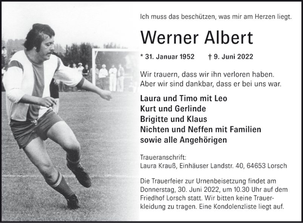  Traueranzeige für Werner Albert vom 25.06.2022 aus Bergsträßer Anzeiger