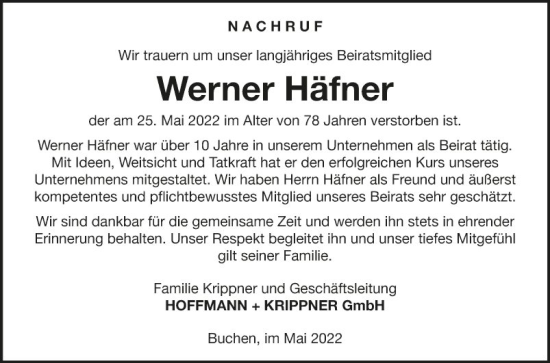 Traueranzeige von Werner Häfner von Fränkische Nachrichten