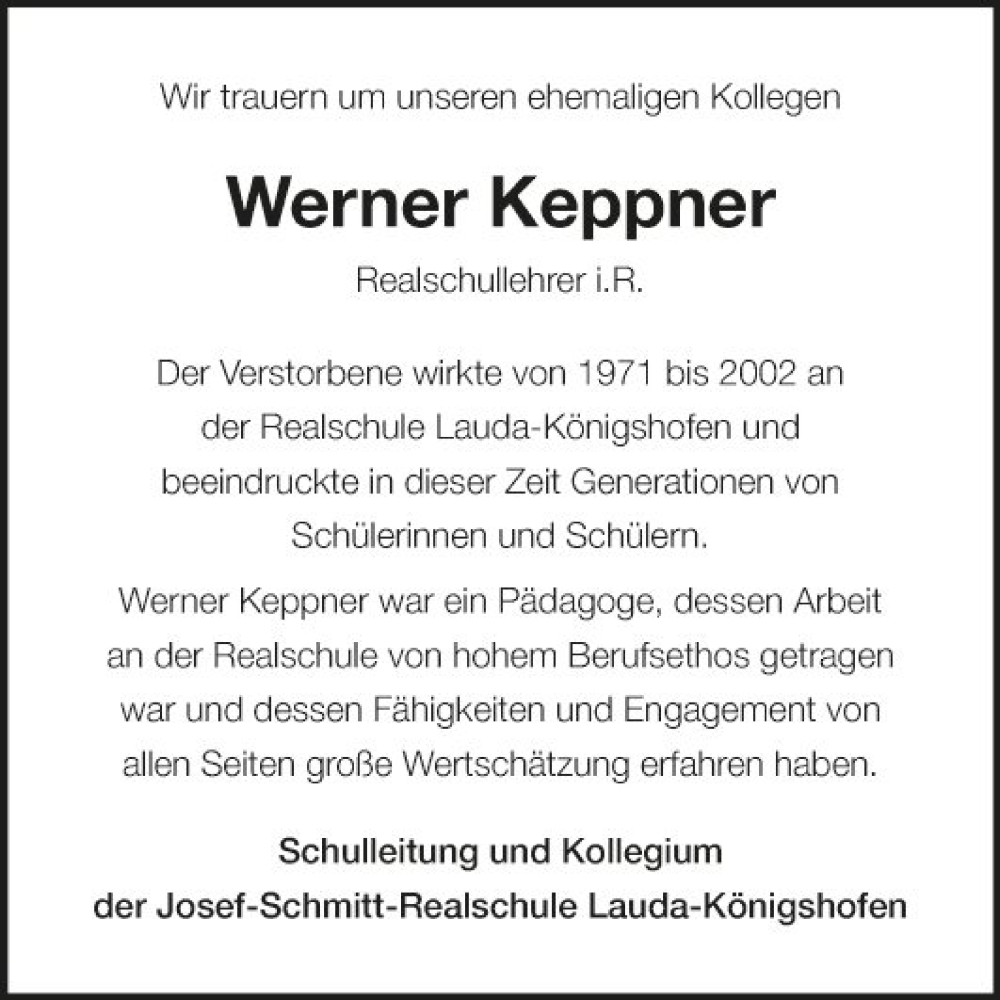  Traueranzeige für Werner Keppner vom 22.06.2022 aus Fränkische Nachrichten