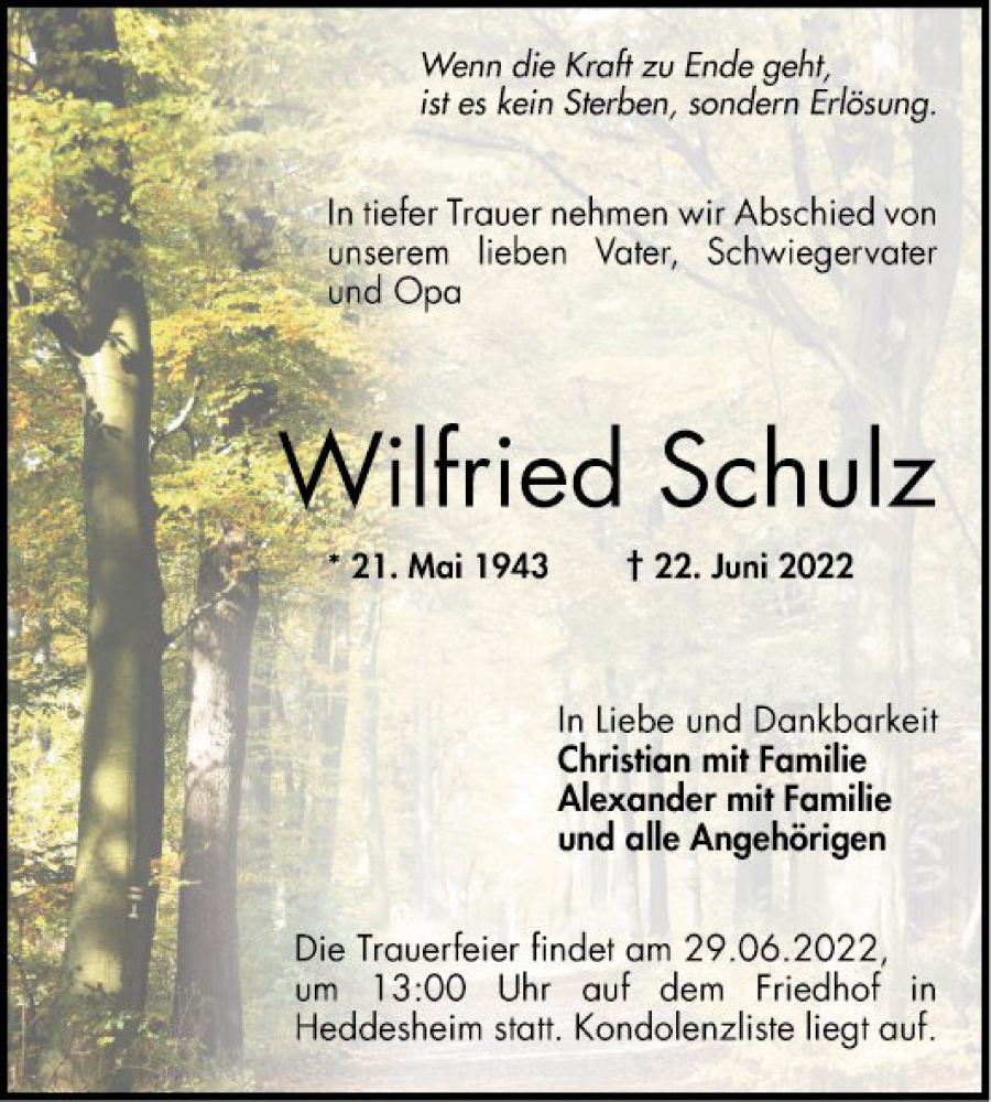  Traueranzeige für Wilfried Schulz vom 25.06.2022 aus Mannheimer Morgen