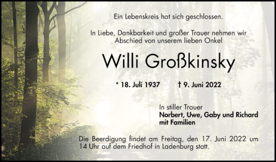 Traueranzeige von Willi Großkinsky von Mannheimer Morgen