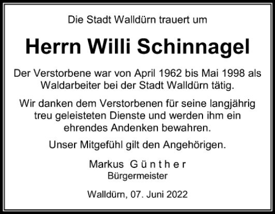 Traueranzeige von Willi Schinnagel von Fränkische Nachrichten