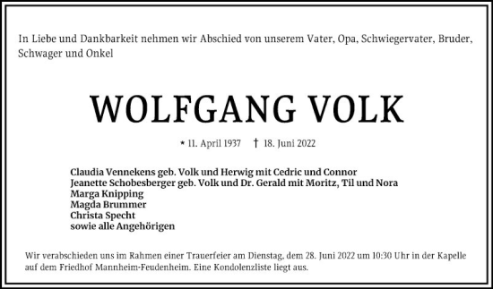 Traueranzeige von Wolfgang Volk von Mannheimer Morgen
