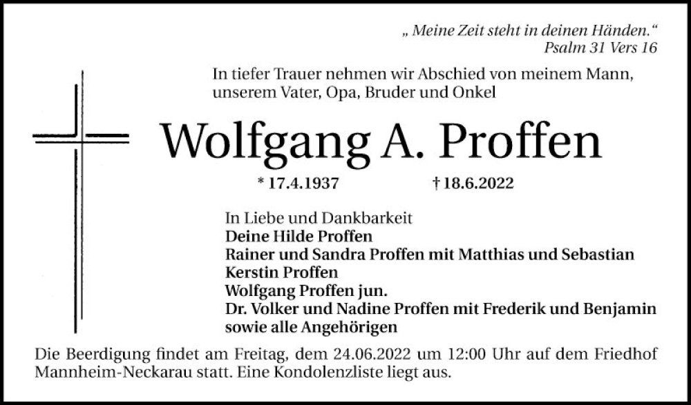  Traueranzeige für Wolfgang A. Proffen vom 22.06.2022 aus Mannheimer Morgen