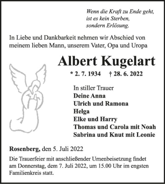 Traueranzeige von Albert Kugelart von Fränkische Nachrichten