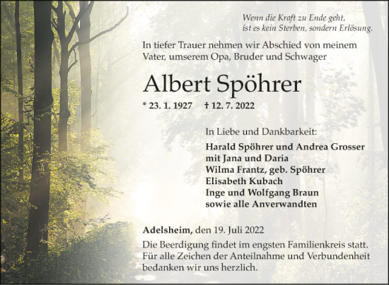 Traueranzeige von Albert Spöhrer von Fränkische Nachrichten