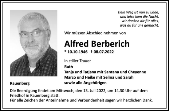 Traueranzeige von Alfred Berberich von Fränkische Nachrichten