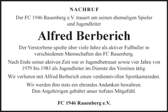 Traueranzeige von Alfred Berberich von Fränkische Nachrichten