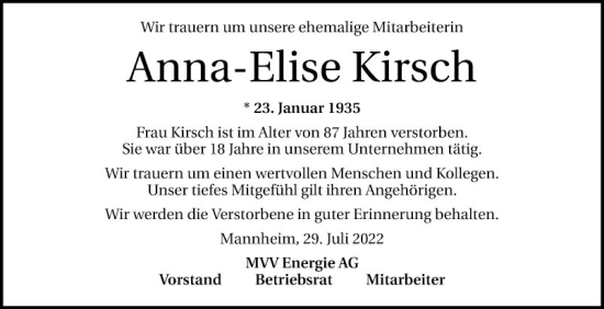 Traueranzeige von Anna-Elise Kirsch von Mannheimer Morgen