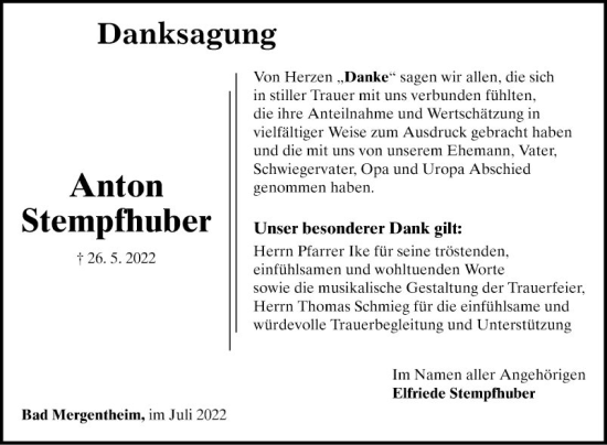 Traueranzeige von Anton Stempfhuber von Fränkische Nachrichten