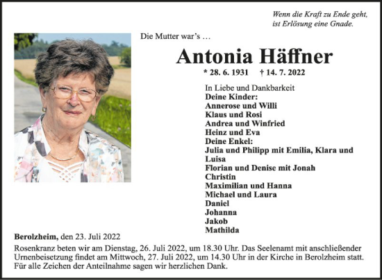 Traueranzeige von Antonia Häffner von Fränkische Nachrichten