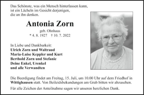 Traueranzeige von Antonia Zorn von Fränkische Nachrichten