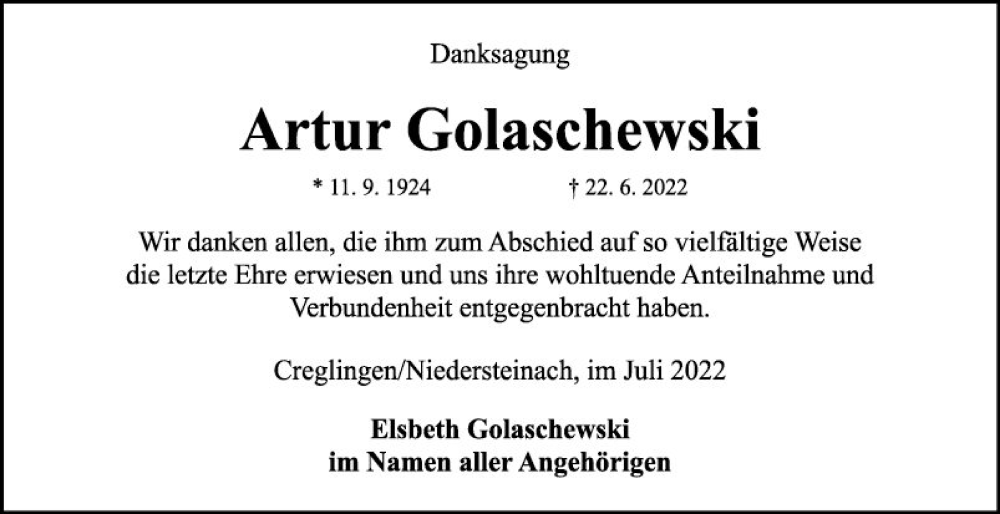  Traueranzeige für Artur Golaschewski vom 09.07.2022 aus Fränkische Nachrichten