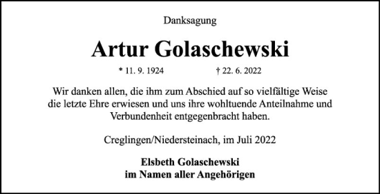 Traueranzeige von Artur Golaschewski von Fränkische Nachrichten