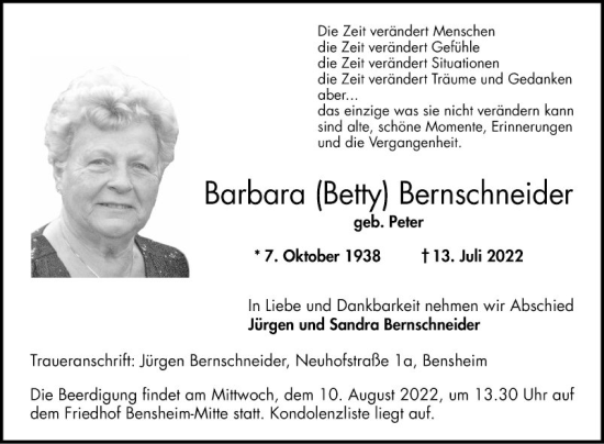 Traueranzeige von Barbara Bernschneider von Bergsträßer Anzeiger