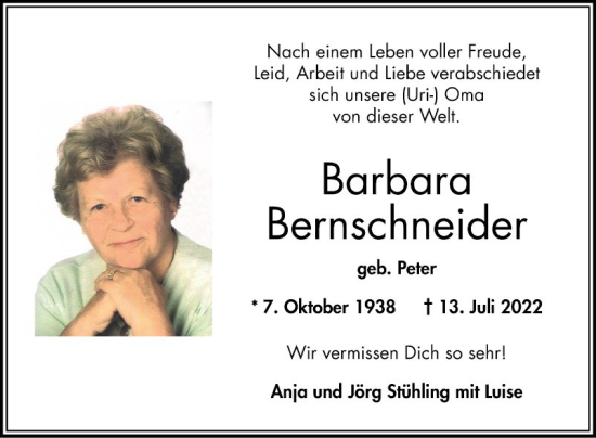 Traueranzeige von Barbara Bernschneider von Bergsträßer Anzeiger