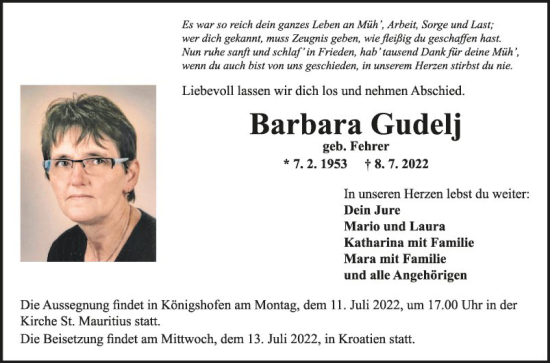 Traueranzeige von Barbara Gudelj von Fränkische Nachrichten