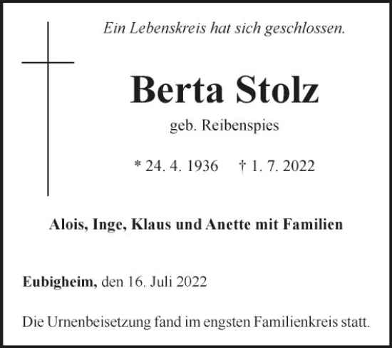 Traueranzeige von Berta Stolz von Fränkische Nachrichten