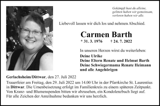 Traueranzeige von Carmen Barth von Fränkische Nachrichten