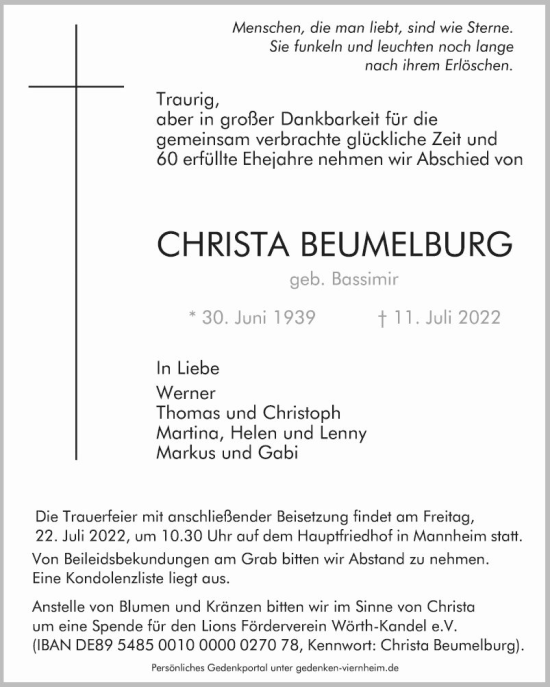 Traueranzeige von Christa Beumelburg von Mannheimer Morgen