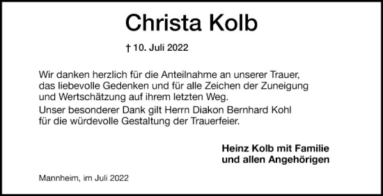 Traueranzeige von Christa Kolb von Mannheimer Morgen