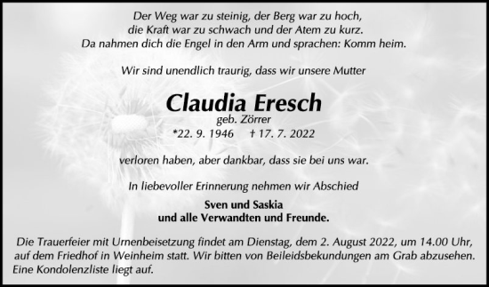 Traueranzeige von Claudia Eresch von Mannheimer Morgen