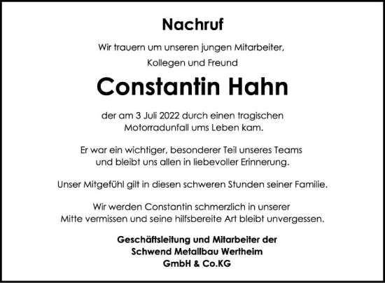 Traueranzeige von Constantin Hahn von Fränkische Nachrichten