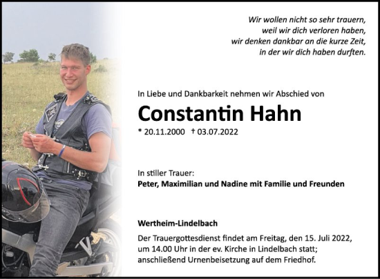 Traueranzeige von Constantin Hahn von Fränkische Nachrichten