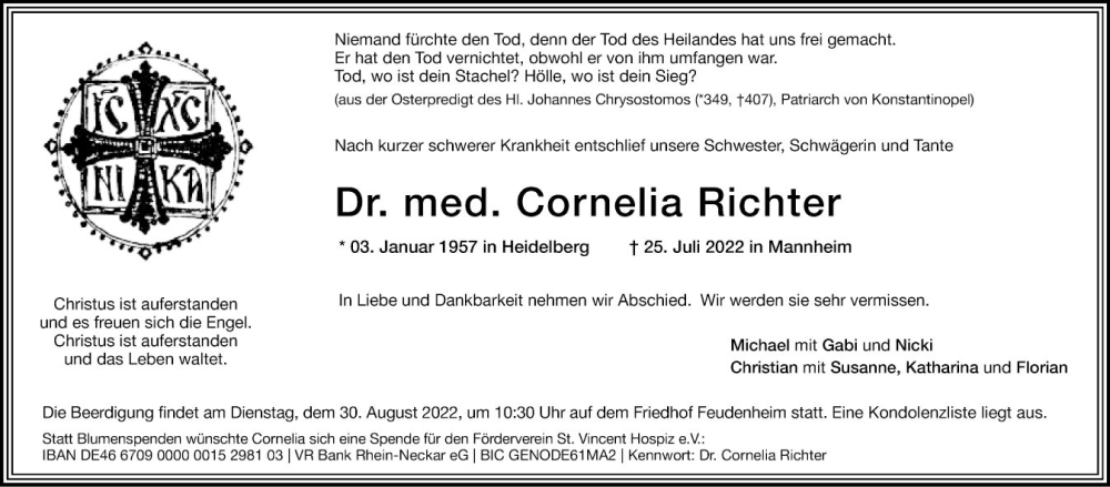  Traueranzeige für Cornelia Richter vom 30.07.2022 aus Mannheimer Morgen