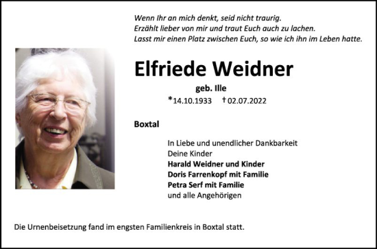 Traueranzeige von Elfriede Weidner von Fränkische Nachrichten