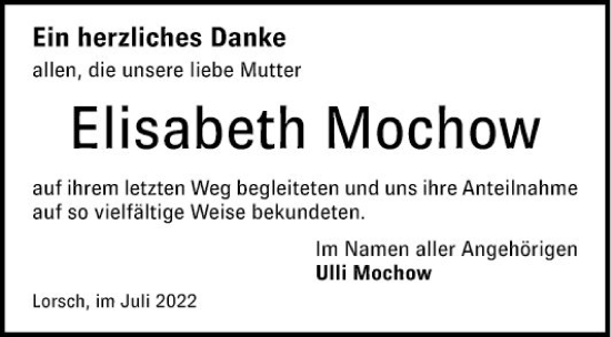 Traueranzeige von Elisabeth Mochow von Bergsträßer Anzeiger