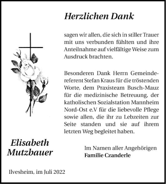 Traueranzeige von Elisabeth Mutzbauer von Mannheimer Morgen