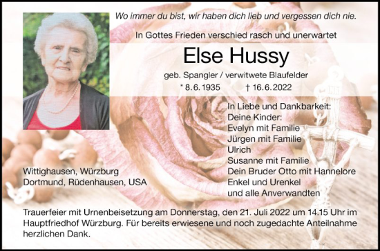 Traueranzeige von Else Hussy von Fränkische Nachrichten