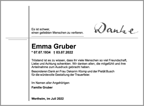 Traueranzeige von Emma Gruber von Fränkische Nachrichten