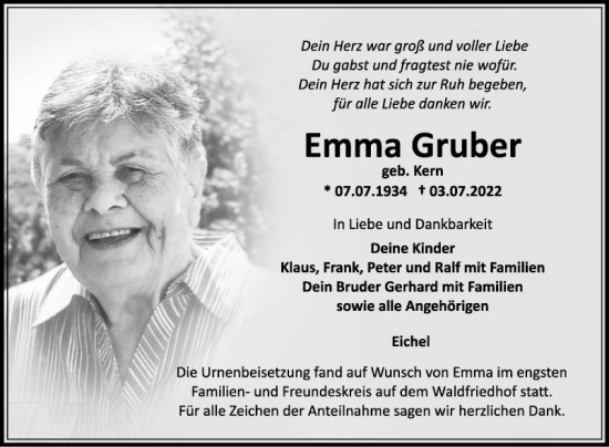 Traueranzeige von Emma Gruber von Fränkische Nachrichten