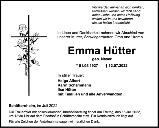 Traueranzeige von Emma Hütter von Fränkische Nachrichten