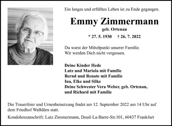 Traueranzeige von Emmy Zimmermann von Fränkische Nachrichten