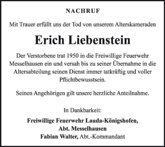 Traueranzeige von Erich Liebenstein von Fränkische Nachrichten