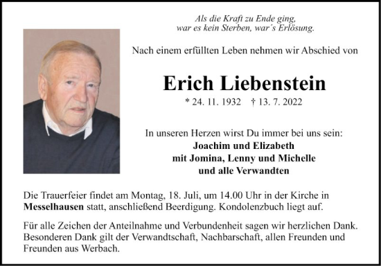 Traueranzeige von Erich Liebenstein von Fränkische Nachrichten