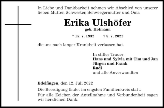 Traueranzeige von Erika Ulshöfer von Fränkische Nachrichten