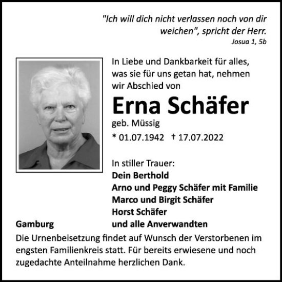 Traueranzeige von Erna Schäfer von Fränkische Nachrichten