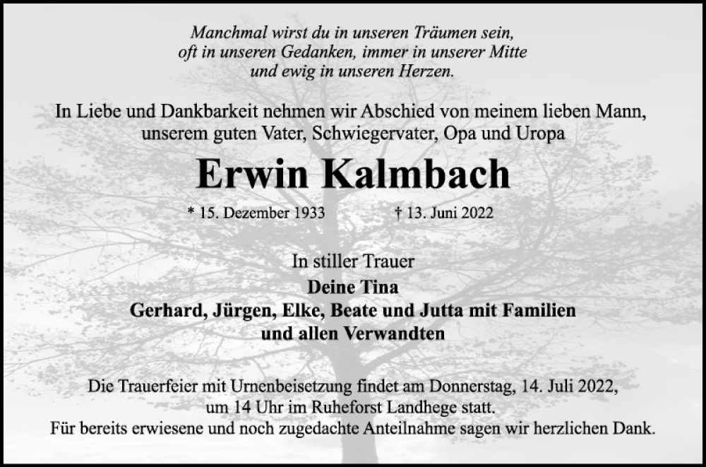  Traueranzeige für Erwin Kalmbach vom 09.07.2022 aus Fränkische Nachrichten