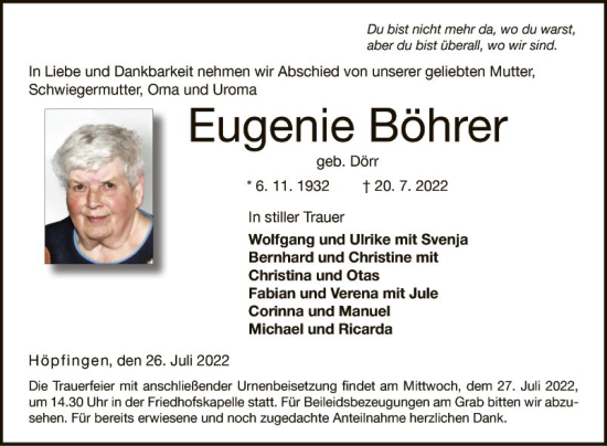 Traueranzeige von Eugenie Böhrer von Fränkische Nachrichten