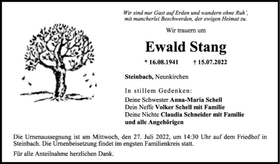 Traueranzeige von Ewald Stang von Fränkische Nachrichten