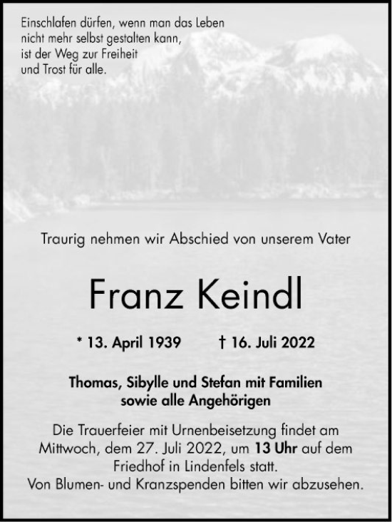 Traueranzeige von Franz Keindl von Bergsträßer Anzeiger