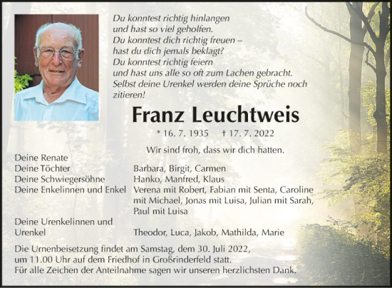 Traueranzeige von Franz Leuchtweis von Fränkische Nachrichten