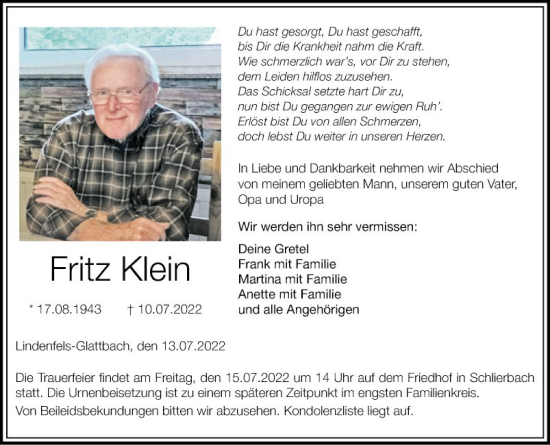 Traueranzeige von Fritz Klein von Bergsträßer Anzeiger