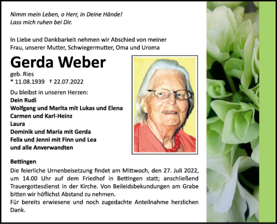 Traueranzeige von Gerda Weber von Fränkische Nachrichten